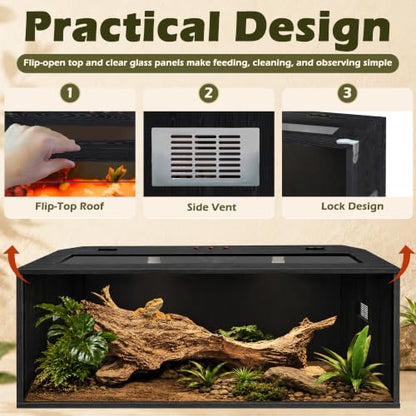 Bearded Dragon Tank, Reptile Enclosure, Tempered Glass Lizard Tank, Bearded Dragon Enclosure with Built-in Lamp Fixture and Wooden Roof for Chameleon (48x20x20 Inch, Black) - color: Black, size: 81 gallons