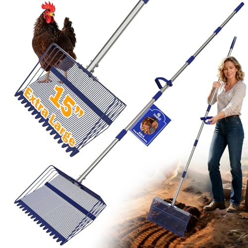 15” Extra Large 2-in-1 Chicken Poop Scooper & Rake with Ergonomic Grip, Metal Goat Chicken Coop Pooper Scooper for Sand with Adjust 38”-77” Stainless Steel Handle, Wide Sifting Shovel Cleaning Tools