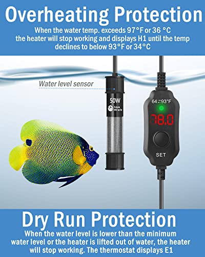 AquaMiracle Aquarium Heater 50W Fish Tank Heater for 5-10 Gal Tanks, LED Digital Display Thermostat Turtle Heater with Out-of-Water Auto Shut-Off, Overheat Protection & Memory Function - size: For 5-10 Gal Tank