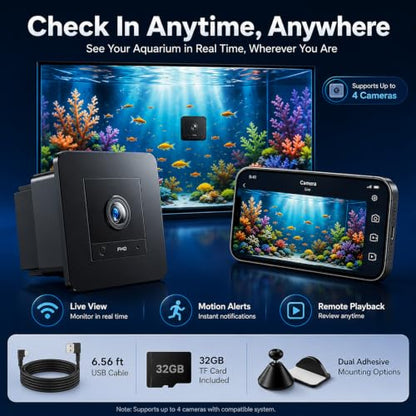 2K HD Aquarium Camera for Fish: Tank & Reptile Terrarium Camera with Battery and 32GB SD Card – Anti-Glare Glass Mount, Night Vision, Two-Way Audio, AI Motion Detection, Aquarium Accessory