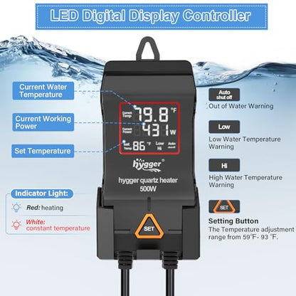 hygger Aquarium Heater 300W 500W 800W 1000W 1200W, Large Adjustable Fish Tank Heater with Intelligent Automatic Power-Off System, Water Heater with LED Digital Display, for Saltwater and Freshwater - size: 1000W for 130-260 Gallon