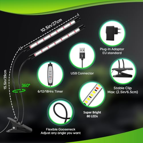 SDOVUERC Full Spectrum Grow Lights for Indoor Plants, Dual-Head Plant Lamps with Clips and 5 Dimmable Level and 6/12/18H Timer for Indoor Plant Growing. - size: 2 Heads