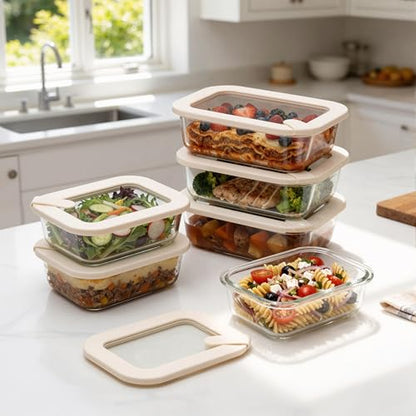 Glass Food Storage Containers with Glass Lids, Microwave Safe Food Container Set, Aitight Meal Prep Container Set, LeakProof, 100% Plastic Free, 6 Pack - color: Ivory White - 6RT