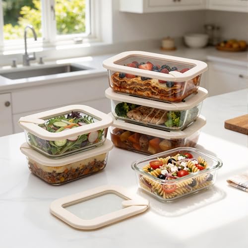 Glass Food Storage Containers with Glass Lids, Microwave Safe Food Container Set, Aitight Meal Prep Container Set, LeakProof, 100% Plastic Free, 6 Pack - color: Ivory White - 6RT