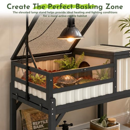 Large Tortoise Habitat with Storage Shelf, Wooden & Plastic Tortoise Enclosure with Adjustable Lamp Stand, Viewing Window, Pull-Out Tray, 2-Room Indoor Outdoor Reptile Turtle House - size: 39"L x 22.8"W x 33"H
