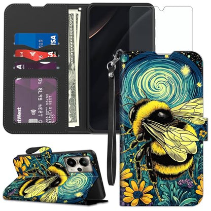 for Cricket Outlast 5G 2024 Wallet case with RFID Blocking Credit Card Holder Kickstand, Folio Flip PU Leather Shockproof Protective Cover for AT&T Motivate Pro 5G, Enchanting Bee - color: Enchanting Bee
