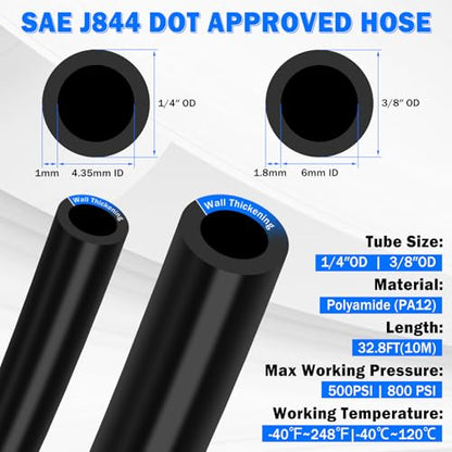 Air Line Tubing Kit, 1/4" 3/8" Air Line Quick Connect Fittings with 1/4" OD x 32.8 FT (10M) & 3/8" OD x 32.8 FT (10 M) DOT Nylon Air Hose Tubing Pneumatic Push Lock Fittings Kit (50 Pcs) - size: 50PCS & 32.5FT 1/4"+3/8" Air Line