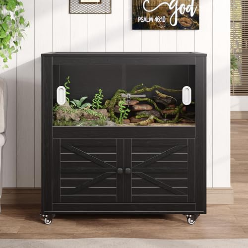 Reptile Terrarium with Stand, 40 Gallon Reptile Tank with Large Storage Cabinet and Ventilated Metal Mesh Top, Black - color: Black