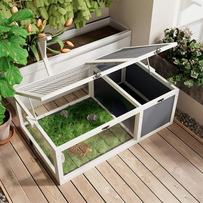 Reptile Habitat Tortoise House with Lamp Holder, 3 Acrylic Observation Windows, 2 Waterproof Trays, Lockable Top, Wooden Enclosure for Turtles, Lizards, Snakes, and Small Pets