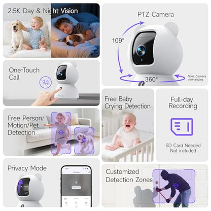 2.5K Pet Camera Indoor with Phone App, Dog/Cat Camera, 4MP Indoor Camera for Home Security, Baby Monitor with Free AI Person/Pet/Cry Detection, Pan Tilt 2.4GHz WiFi, Full Duplex 2-Way Audio - style: 2.5K Cam 1pack