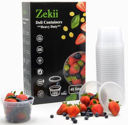 Zekii EXTRA THICK Deli Containers with Lids, [48Sets 16oz] Soup Containers w/Lids Airtight, Disposable, BPA Free, Takeout soup Cups, Meal Prep, Food Storage Containers with Measurements - color: Clear - 16 oz