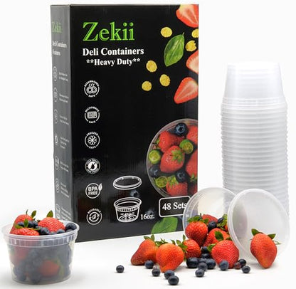 Zekii EXTRA THICK Deli Containers with Lids, [48Sets 16oz] Soup Containers w/Lids Airtight, Disposable, BPA Free, Takeout soup Cups, Meal Prep, Food Storage Containers with Measurements - color: Clear - 16 oz
