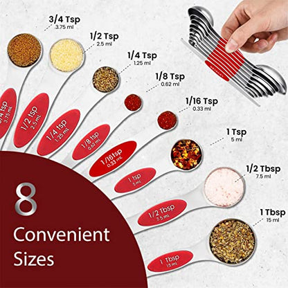 Magnetic Measuring Spoons Set of 9 Stainless Steel Dual-Sided Stackable Measuring Spoon Nesting Teaspoons Measuring Dry and Liquid Ingredients, Fits in Spice Jars Set of 9 (Red) - color: Red