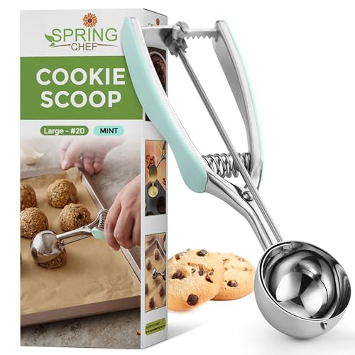 Spring Chef Large Stainless Steel Cookie Scoop, #20, 2.93 Tbsp, Mint | Multifunctional Cookie Scooper for Baking, Cupcake Batter Scoop, Ice Cream Scoop with Trigger & Soft Grip, Dishwasher Safe - color: Mint, size: #20 - Large - 2.93 Tbsp