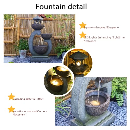 Tankana Water Fountain Outdoor Zen Feature - Garden Tranquil Pagoda Waterfalls Fountains Bowl with LED Lights & Pump for Patio Yard Porch Pool, Gray, 35.5 inches