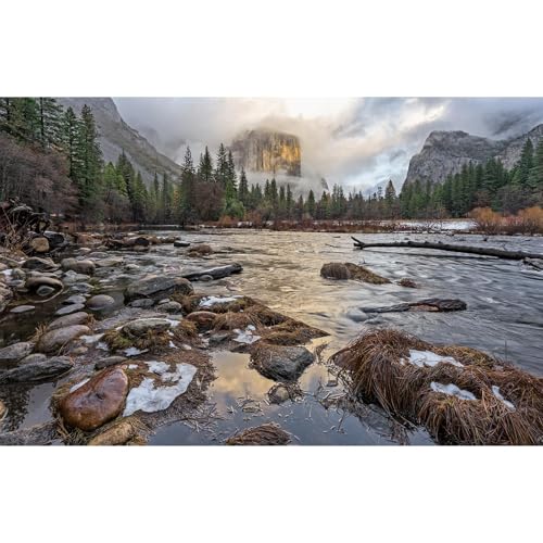 Sunset Winter Mountain Valley Aquarium Background Stormy Clouds Misty Foggy Mountains Fish Tank Background Rocks Pine Trees Wintry Stream River Reptile Tank Enclosure Backgrounds Wallpaper 24x12in - color: Foggy Grey, size: 24(W)x12(H)inches/ 60(W)*30cm(H