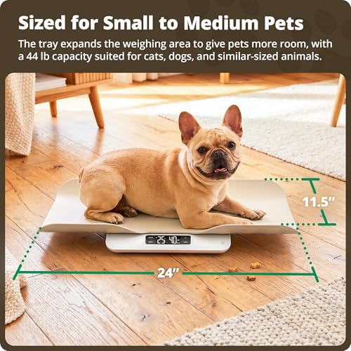 Greater Goods Wiggle-Proof Digital Pet Scale for Cats, Dogs & Small Animals | Weighs Puppies, Kittens & Senior Pets up to 44 lb, Removable Tray, Tare Function, Measures in lb, oz & kg for Growth Tracking