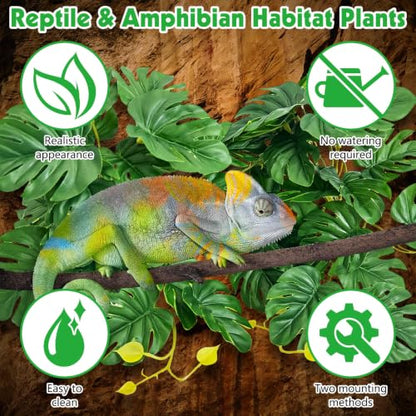 PINVNBY Crested Gecko Tank Accessories Terrarium Plants with Suction Cup Reptile & Amphibian Habitat Plants for Bearded Dragons Lizards Snake Tree Frog (Green Monstera, 2PCS) - color: Green Monstera