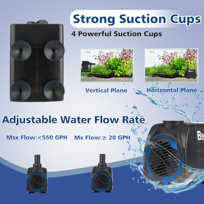 550GPH Submersible Water Pump(2000L/H 30W), Adjustable Ultra Quiet Fountain Pump with 4 Nozzles 7.2ft High Lift for Aquarium, Fish Tank, Pond, Waterfall, Outdoor, Hydroponics - size: 550GPH