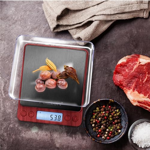 Fuzion Small Gram Scale 3000g, Digital Kitchen Food Scale, Gram and Ounce | Black Titanium Stainless Steel, 0.1g Accuracy, 6 Modes, 2 Trays Included, Tare, Piece Counting, For Food, Coffee, Coins, Herb - color: Wood Grain