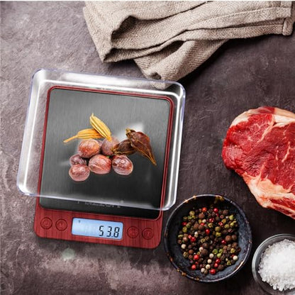 Fuzion Small Gram Scale 3000g, Digital Kitchen Food Scale, Gram and Ounce | Black Titanium Stainless Steel, 0.1g Accuracy, 6 Modes, 2 Trays Included, Tare, Piece Counting, For Food, Coffee, Coins, Herb - color: Wood Grain