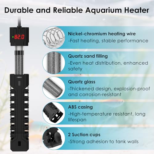 200W Aquarium Heater, Adjustable Fish Tank Heater, with Digital Display, Overheat Protection & Dry Run Protection, for 20-40 Gallon Water - size: For 20-40 Gal
