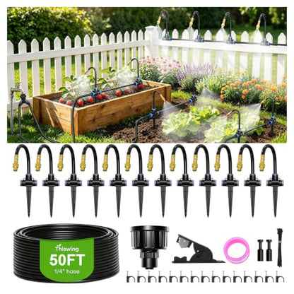 50 FT 360° Adjustable Irrigation System for Garden with Stake Holders | 1/4" Tubing, 12 Nozzles, Automatic Watering Misting System, Sprinkler for Garden, Raised Bed, Lawn, Plants - size: 50FT