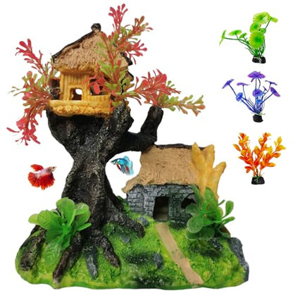 Hamiledyi 4PCS Aquarium Decoration, Fish Tank Artificial Resin Castle Ornaments, Betta Tank Landscape Decorations with Plastic Plants for Shrimp Fish Climbing Hiding - style: Country Rustic
