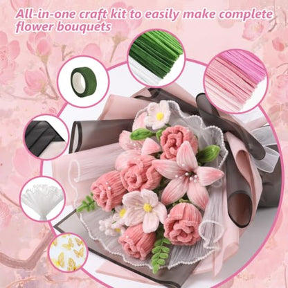 Cwczhi 600 PCS Pipe Cleaners Craft,9 Colors Pipe Cleaner Bulk Flower Kit | with Instructions,Floral Wires,Stamen,Wrapping Paper& Ribbon,Art and Craft Supplies - color: pink-2