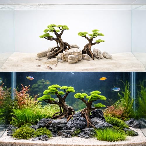 Fish Tank Decor Aquarium Bonsai Tree Resin Ornament with Faux Moss Aquascaping Decoration Artificial Landscape Centerpiece Safe & Fade-Resistant for Betta Shrimp Goldfish