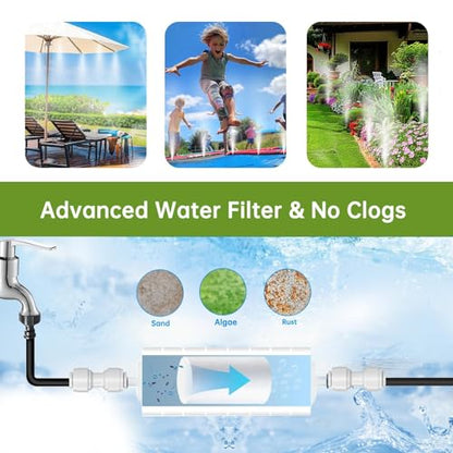 100FT Misting Cooling System for Patio & Garden - Brass Nozzles, UV-Resistant Tubing, DIY Installation - Water-Saving Backyard Mister for Outdoors, Greenhouse, Trampoline, Pool, BBQ Parties - size: 100FT