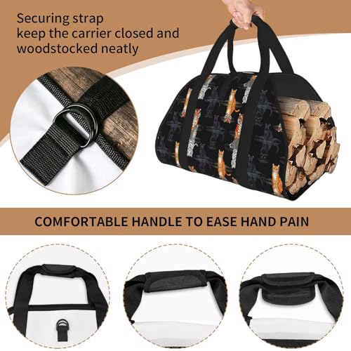 AMRANDOM Firewood Carrier Log Tote Bag with Handles Cat Tiger Print Wood Sling Holder Cabin Stove Accessories - color: Color1029