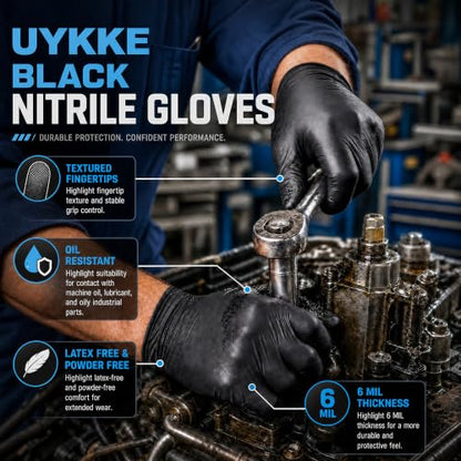 HEAVY DUTY 6 Mil Nitrile Black Gloves Disposable Latex Free Rubber Cooking Cleaning Food Prep Tattoo Gloves 1000PCs - size: Large