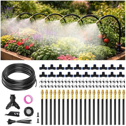 66FT Drip Irrigation System Kit Dual-Zone Garden Atomizing Watering System with 20 Copper 360° Adjustable Bendable Nozzles, Y-Splitter, Leak-Proof 1/4" Misting System for Garden Greenhouse Raised Beds - size: 66FT