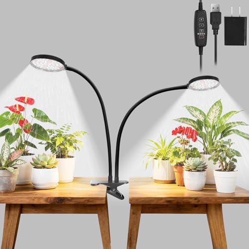 Grow Lights for Indoor Plants Full Spectrum, Clip On Plant Light with Timer 4/8/12/18H, Adjustable Gooseneck, 5 Dimming Levels, LED Grow Lamp for Houseplants - size: 3.6-inch Dual Head
