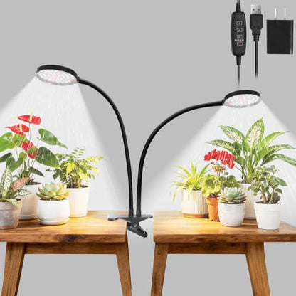 Grow Lights for Indoor Plants Full Spectrum, Clip On Plant Light with Timer 4/8/12/18H, Adjustable Gooseneck, 5 Dimming Levels, LED Grow Lamp for Houseplants - size: 3.6-inch Dual Head