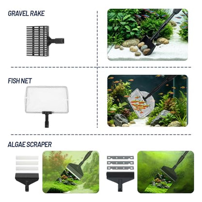 RUKANG Fish Tank Cleaner, 6 in 1 Aquarium Cleaning Tools Kit with 23~34 Inches Adjustable Long Handle Replaceable Blade Silicone Strip Algae Scraper Scrubber Brushes Set