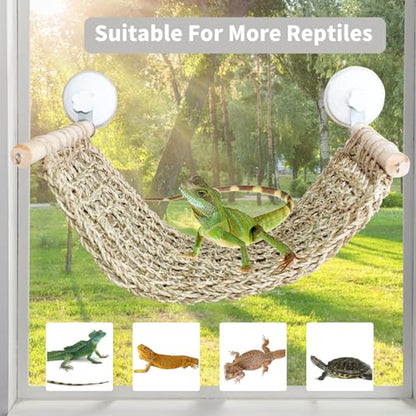 FlidRunest 21.6 x 7.8 in Seagrass Bearded Dragon Hammock for Window, Large Lizard Window Perch, Reptile Hammock Perch with Powerful Suction Cups for Lizard, Leopard Gecko, Chameleon