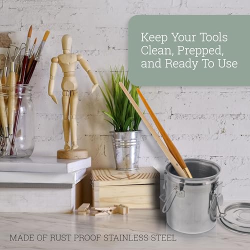U.S. Art Supply Stainless Steel Leak-Proof Deluxe Paint Brush Washer with Wash Tank, Clip-On Lid, and Strainer Cup - Oil Paint Brush Cleaner for Artists