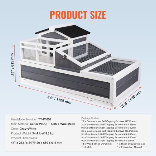 VEVOR 3-Room Tortoise House,Tortoise Habitat with Balcony & 2 Stories, Wooden Tortoise Enclosure Indoor & Outdoor with Ramp, Tray, Openable Roof, Large Reptile Cage, 44" x 25.6"x 24"