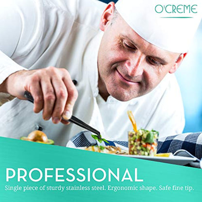 O'Creme Stainless Steel Precision Kitchen Culinary 8 Inch Tweezer Tongs (8" Curved, Black) - color: Black, size: 8" Curved
