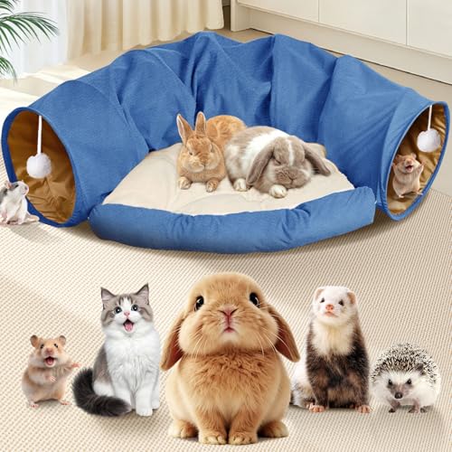 Spardar 2-in-1 Bunny Tunnel Bed, with Removable Mat Hideout, Blue | Collapsible Tunnel Tubes Toys, Washable, Interactive Toys for Rabbits, Chinchilla, Hedgehog, Guinea, Kitty - color: Blue