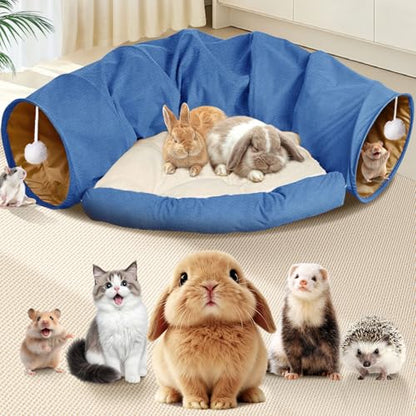 Spardar 2-in-1 Bunny Tunnel Bed, with Removable Mat Hideout, Blue | Collapsible Tunnel Tubes Toys, Washable, Interactive Toys for Rabbits, Chinchilla, Hedgehog, Guinea, Kitty - color: Blue