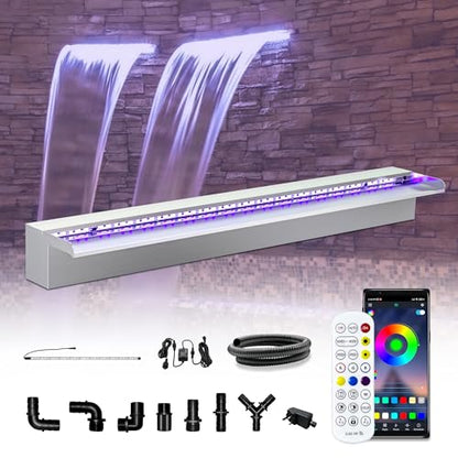 LONGRUN Waterfall Pool Fountain, Updated 5.9'' Wider Open Lip Stainless Steel Waterfall Spillway, Decorative Water Feature for Swimming Pools, Koi Ponds, Spa & Garden - 35.4'' - size: 35.4 inch Stainless Steel(Short-beaked)