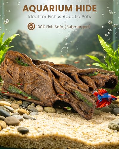Resin Tree Bark Reptile Hide Cave for Snakes, Geckos & Lizards | Relieves Reptile Stress, Resin, Odor-Free, Realistic Bark Texture with Faux Moss