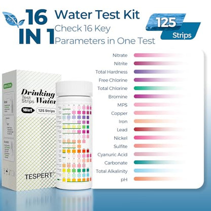 TESPERT Drinking Water Test Strips 125ct, Lead Home Tap Well Water Test Kit | 30s Quick Screening 16 in 1 Water Tester for Hardness, Lead, pH, Iron, Copper, Chlorine, Nitrite, Carbonate, Alkalinity