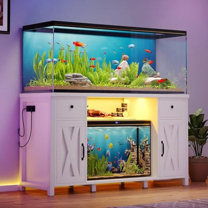 4ever2buy 55-75 Gallon Fish Tank Stand, Aquarium Stand with Storage, White | 52 x 20 In Top, Farmhouse Turtle Tank Stand, 2 Drawers & 2 Barn Doors, LED Light, Power Outlets, Shelf Storage, Heavy Duty - color: White