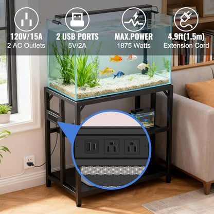40 Gallon Metal Aquarium Fish Tank Stand Black | Built in power outlets adjustable shelf 660LBS load bearing fits turtle reptile terrarium breeder tank home office use - color: Black