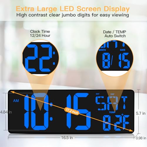XREXS 17.2 Inch Large Digital Wall Clock with Remote Control | LED Large Display Count Up & Down Timer, Adjustable Brightness Plug-in Alarm Clock with Temperature for Home, Gym, Office - color: Blue