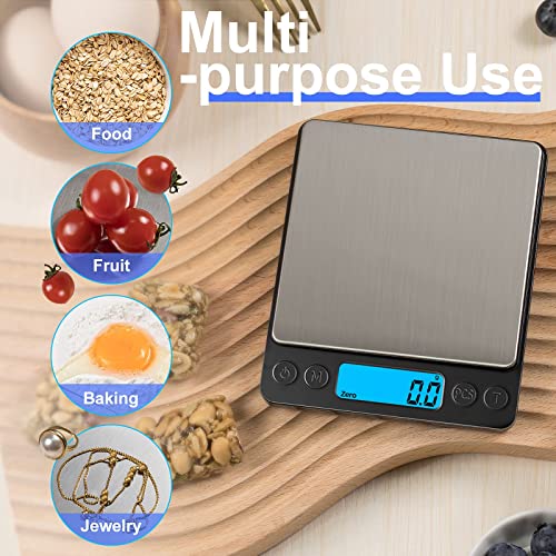 Digital Food Kitchen Scale Upgraded, YONCON 3000g/0.1g High Accuracy Mini Pocket Scale Measures in Grams and oz for Cooking, Baking, Jewelry, Tare Function,2 Trays, LCD Display (Batteries Included) - color: Black
